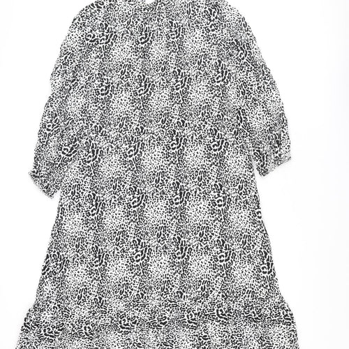 Zara Womens Black Animal Print Viscose A-Line Size M Mock Neck Button - Smocked Leopard Print