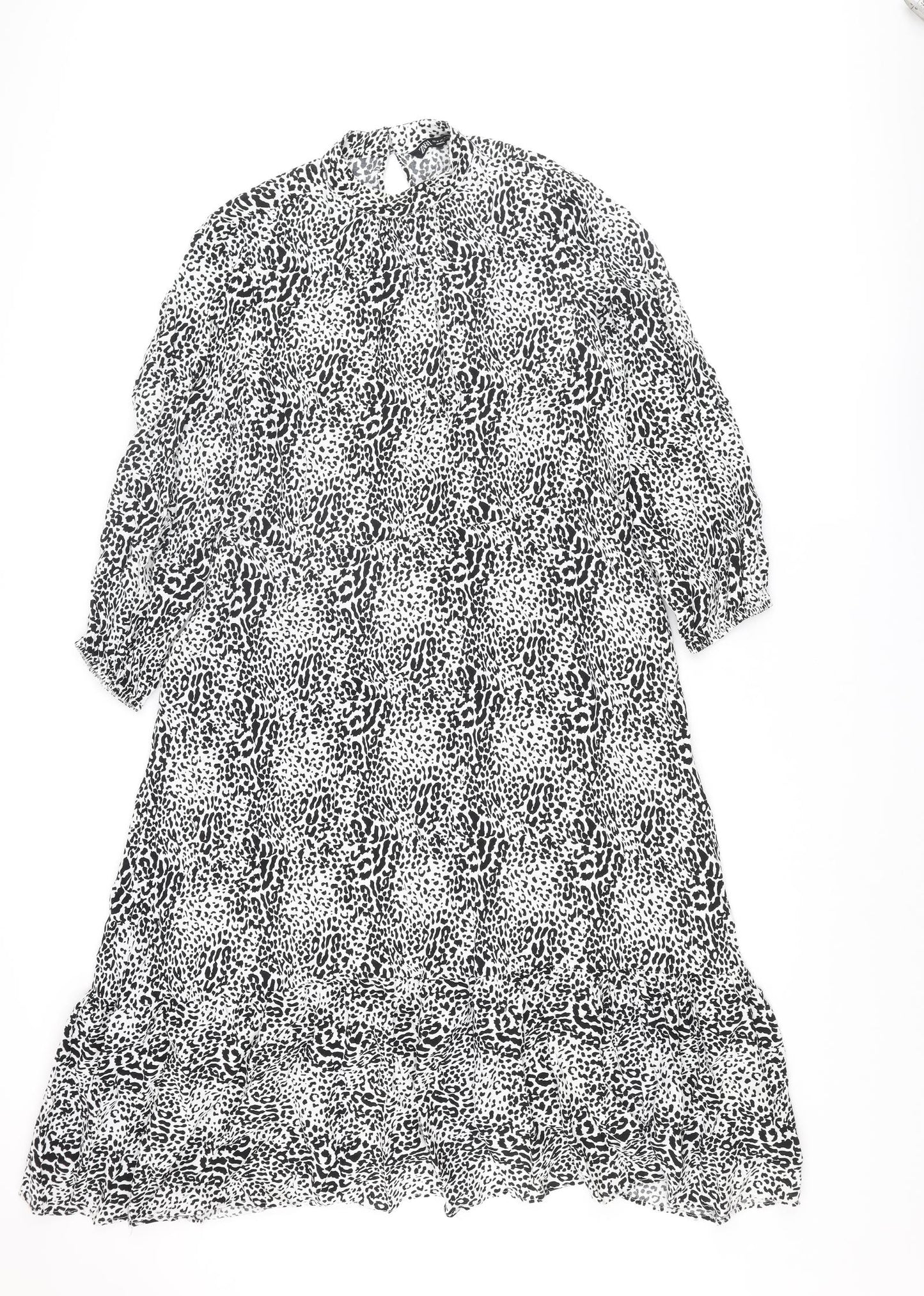 Zara Womens Black Animal Print Viscose A-Line Size M Mock Neck Button - Smocked Leopard Print