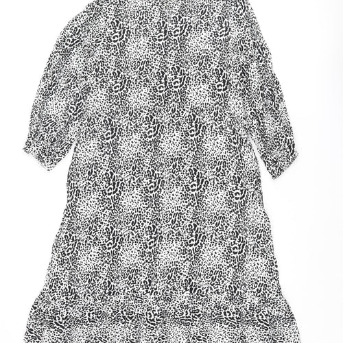 Zara Womens Black Animal Print Viscose A-Line Size M Mock Neck Button - Smocked Leopard Print