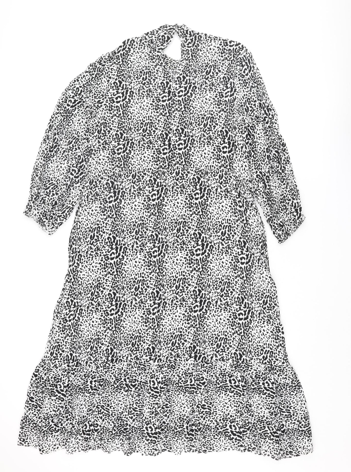 Zara Womens Black Animal Print Viscose A-Line Size M Mock Neck Button - Smocked Leopard Print