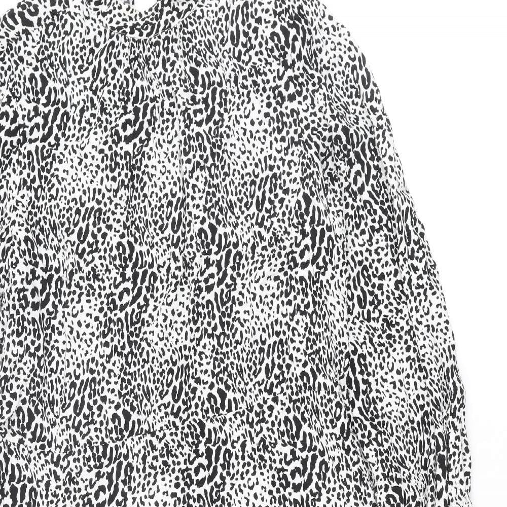 Zara Womens Black Animal Print Viscose A-Line Size M Mock Neck Button - Smocked Leopard Print