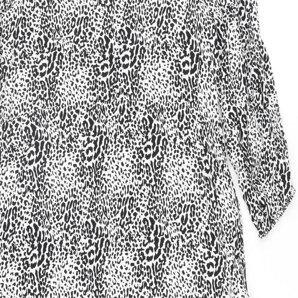 Zara Womens Black Animal Print Viscose A-Line Size M Mock Neck Button - Smocked Leopard Print