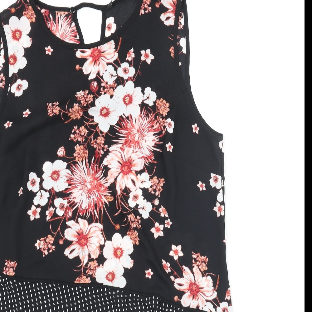 Debenhams Womens Black Floral Polyester Camisole Blouse Size 14 Round Neck - Asymmetric Polkadot