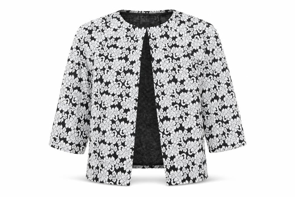 Front view of Marks & Spencer women’s black geometric jacket, size UK 8, hook & eye