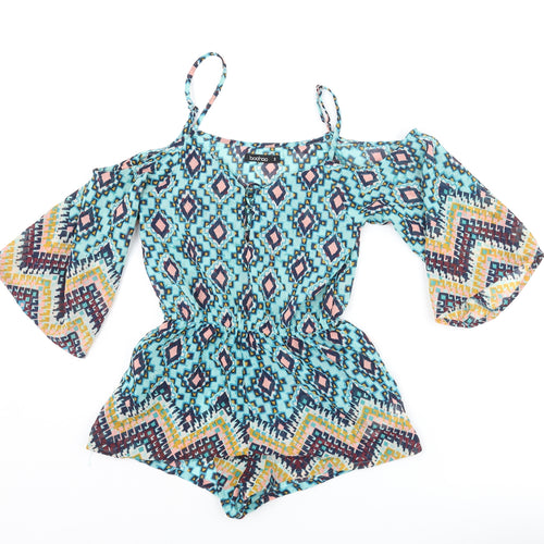 Boohoo Womens Multicoloured Geometric Polyester Cover Up Size S - Lace Up Front Playsuit