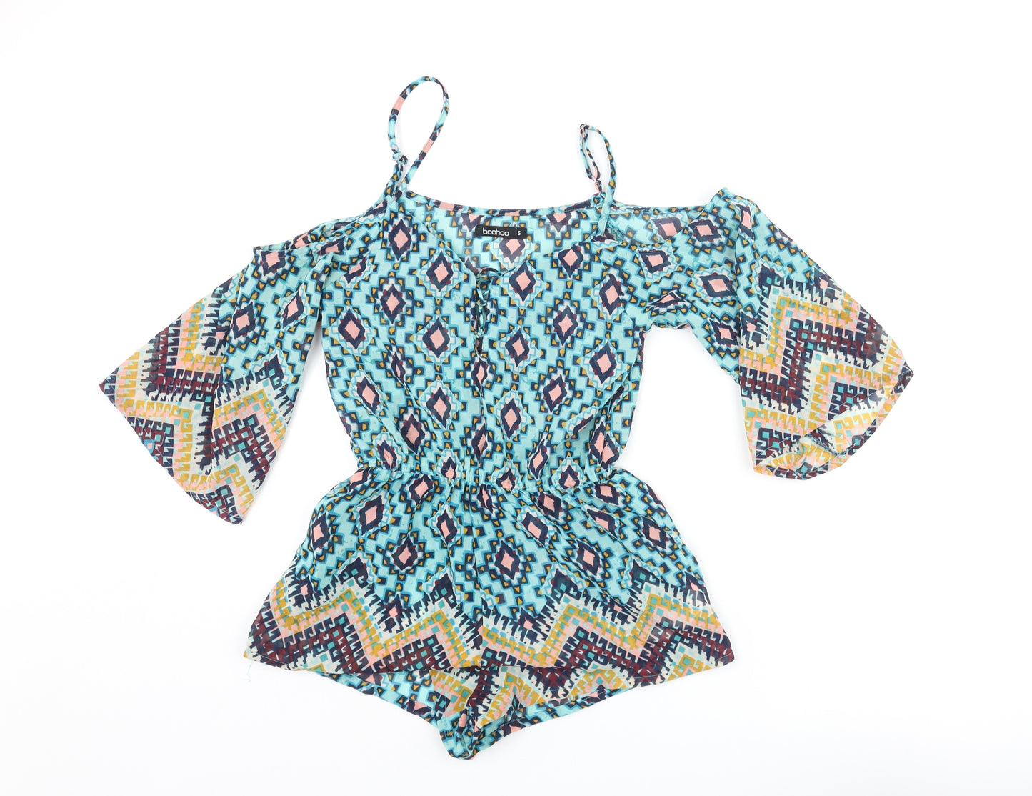 Boohoo Womens Multicoloured Geometric Polyester Cover Up Size S - Lace Up Front Playsuit