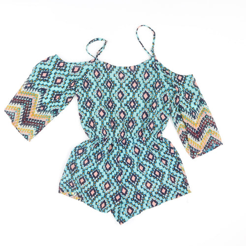 Boohoo Womens Multicoloured Geometric Polyester Cover Up Size S - Lace Up Front Playsuit