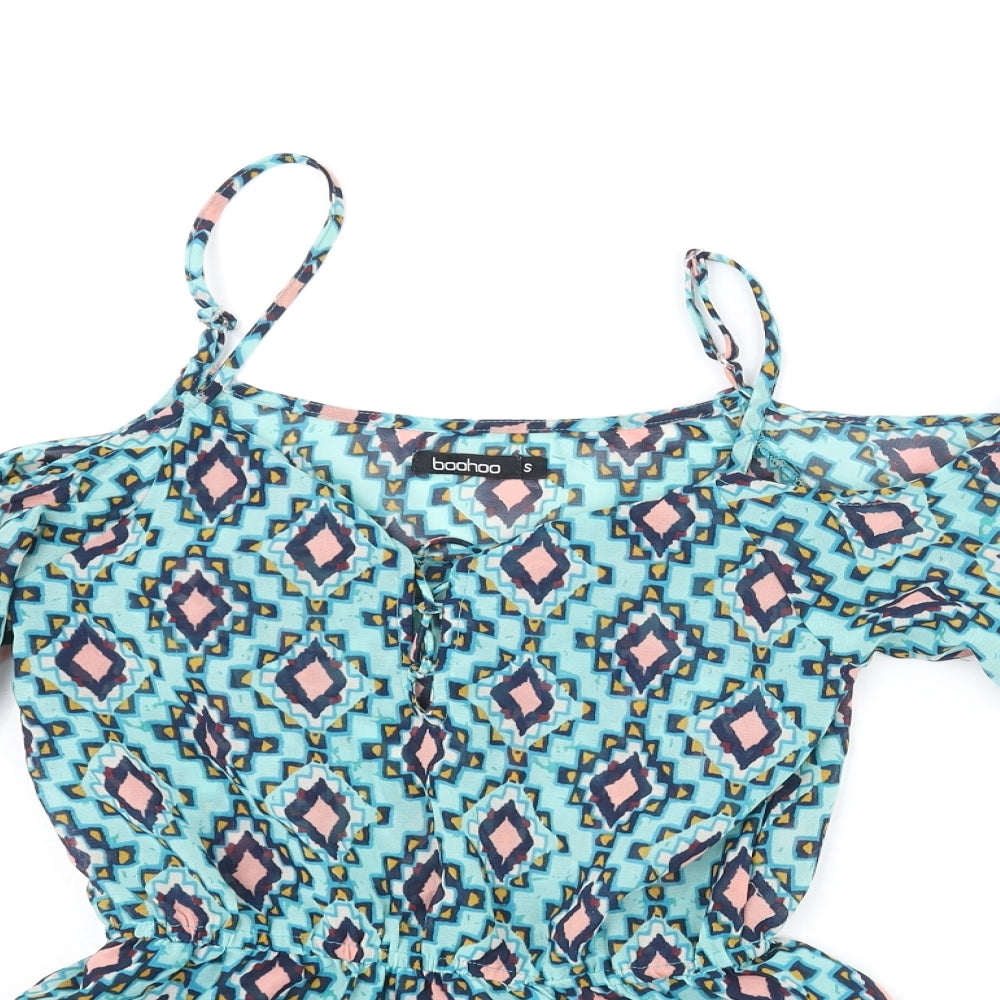 Boohoo Womens Multicoloured Geometric Polyester Cover Up Size S - Lace Up Front Playsuit