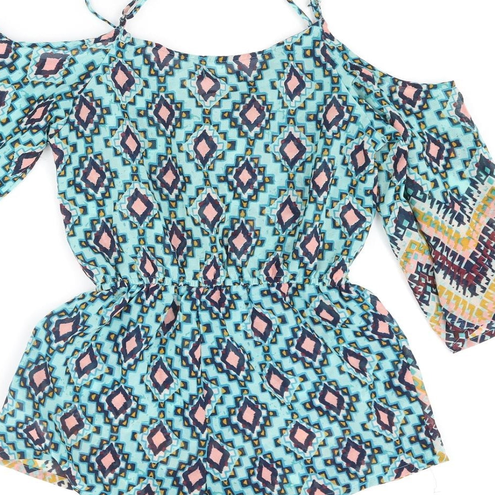 Boohoo Womens Multicoloured Geometric Polyester Cover Up Size S - Lace Up Front Playsuit