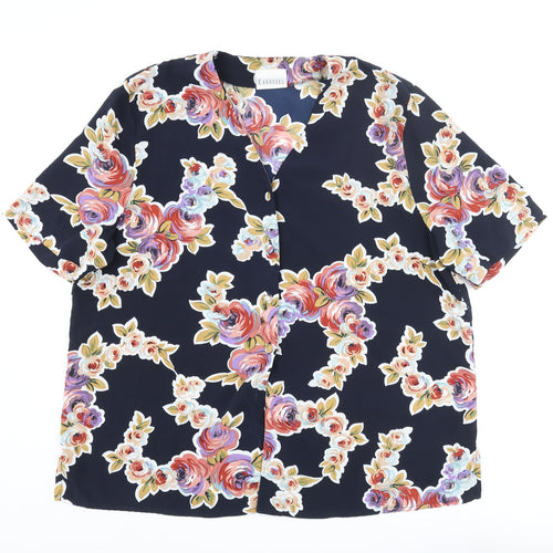 Carousel Womens Blue Floral Polyester Basic Button-Up Size 20 V-Neck