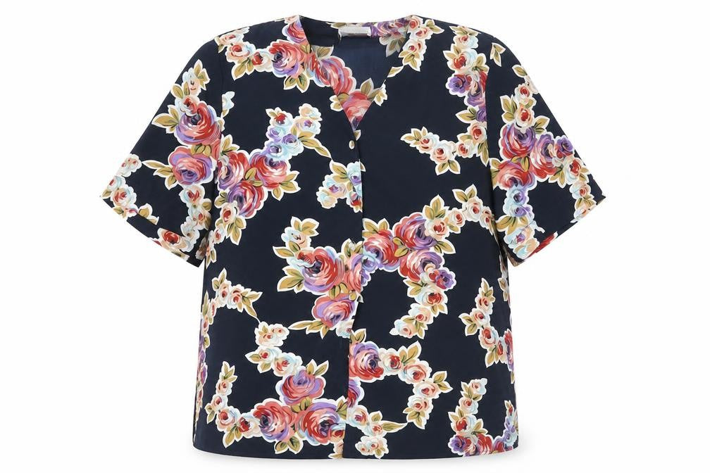 Front view of Carousel women’s blue floral polyester basic button-up, size UK 20, v-neck