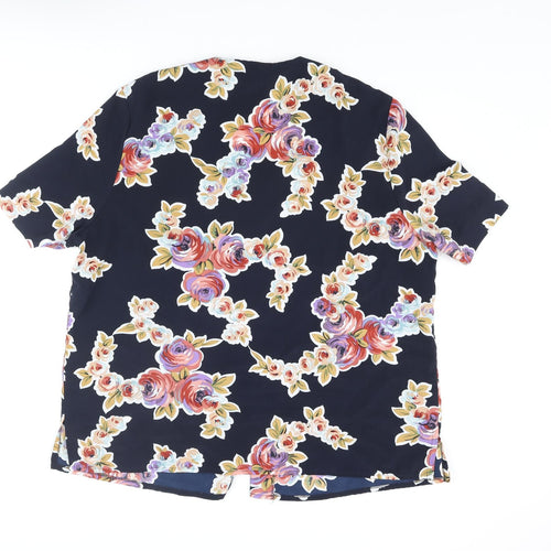 Carousel Womens Blue Floral Polyester Basic Button-Up Size 20 V-Neck