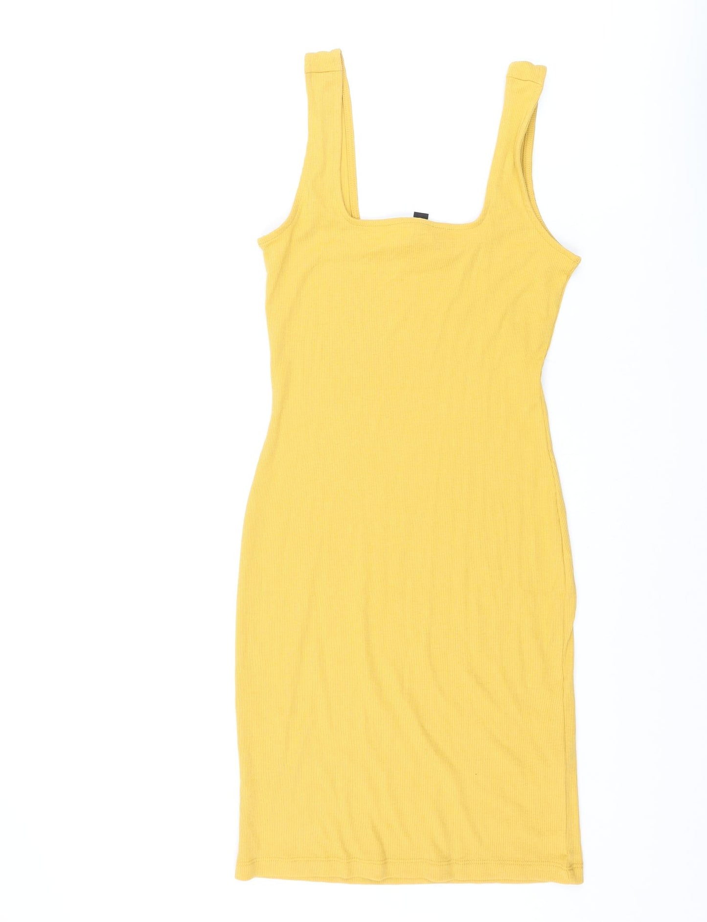 New Look Womens Yellow Cotton Tank Dress Size 8 Square Neck Pullover