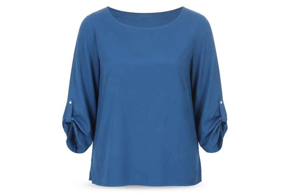 Front view of Marks & Spencer women’s blue polyester basic blouse, size UK 10, off the shoulder