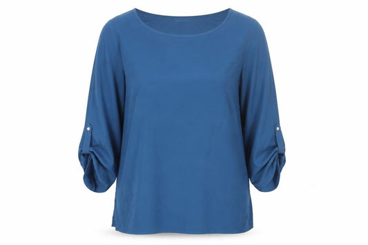 Front view of Marks & Spencer women’s blue polyester basic blouse, size UK 10, off the shoulder