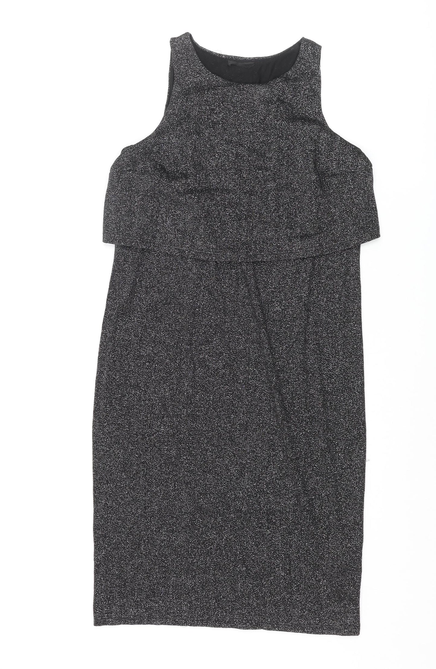 Topshop Womens Silver Viscose Tank Dress Size 8 Round Neck Pullover - Layered Glitter