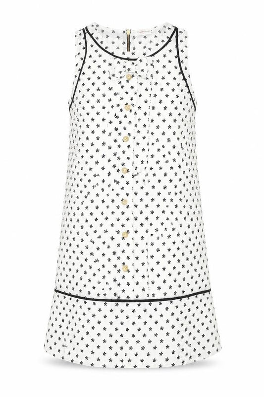 Front view of Miss Selfridge women’s ivory geometric polyester shift, size UK 12, round neck zip - button floral