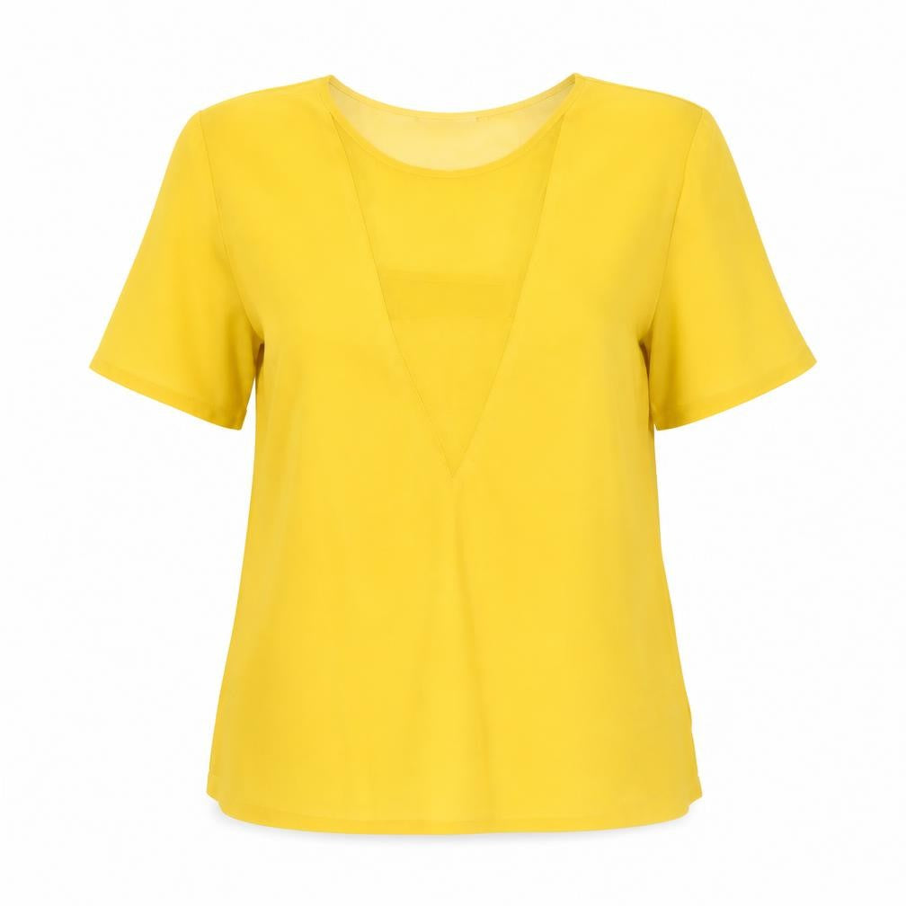 Front view of Warehouse women’s yellow viscose basic t-shirt, size UK 12, roll neck - semi sheer v neck