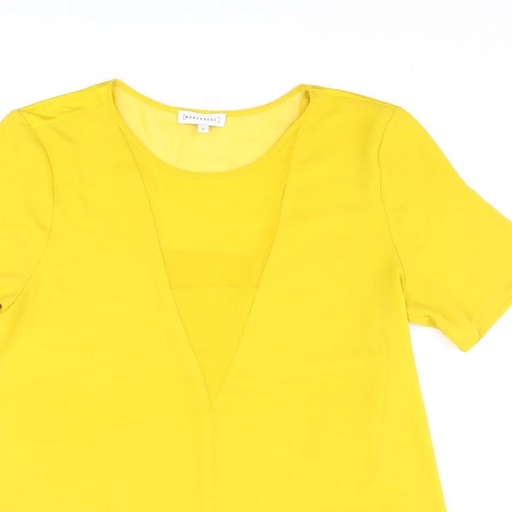 Warehouse Womens Yellow Viscose Basic T-Shirt Size 12 Roll Neck - Semi Sheer V Neck