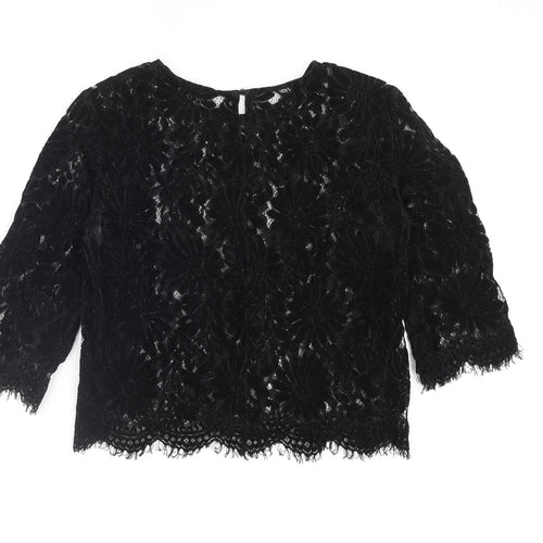 Zara Womens Black Polyester Basic Blouse Size M Round Neck - Floral Lace