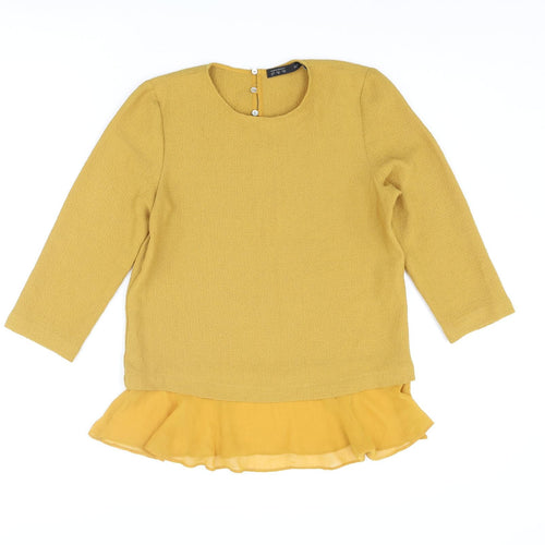 Zara Womens Yellow Polyester Basic Blouse Size M Round Neck - Frill