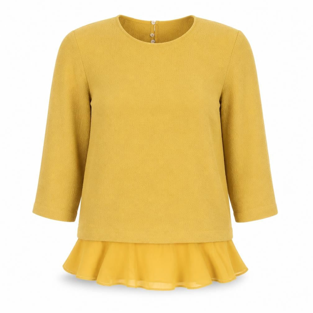 Front view of Zara women’s yellow polyester basic blouse, size M, round neck - frill