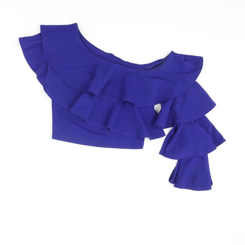 River Island Womens Blue Polyester Cropped Blouse Size 8 One Shoulder - Layered Frill