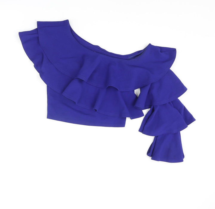 River Island Womens Blue Polyester Cropped Blouse Size 8 One Shoulder - Layered Frill