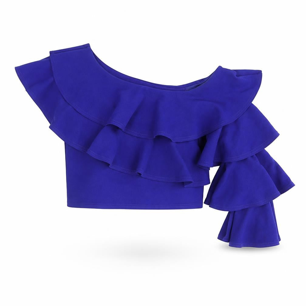 Front view of River Island women’s blue polyester cropped blouse, size UK 8, one shoulder - layered frill