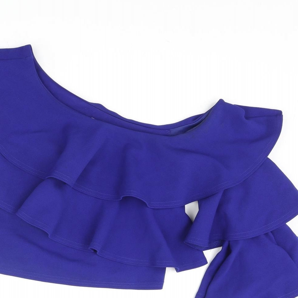River Island Womens Blue Polyester Cropped Blouse Size 8 One Shoulder - Layered Frill