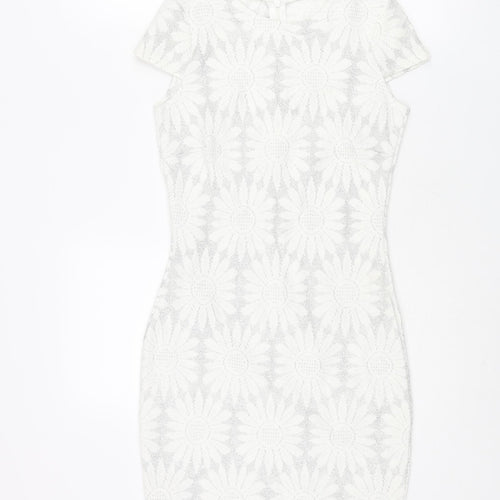 River Island Womens Silver Floral Polyester Bodycon Size 8 Round Neck Zip