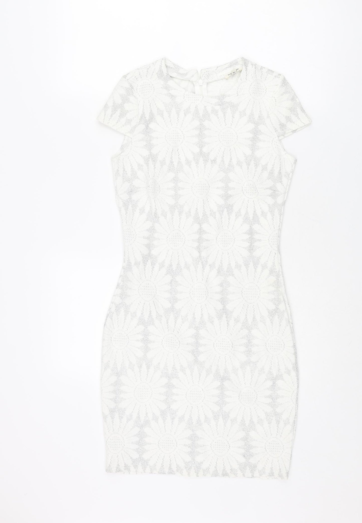 River Island Womens Silver Floral Polyester Bodycon Size 8 Round Neck Zip