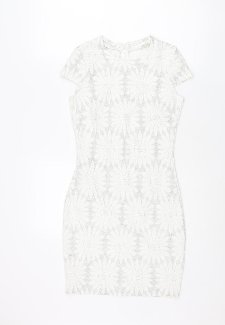 River Island Womens Silver Floral Polyester Bodycon Size 8 Round Neck Zip