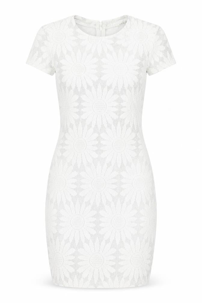 Front view of River Island women’s silver floral polyester bodycon, size UK 8, round neck zip