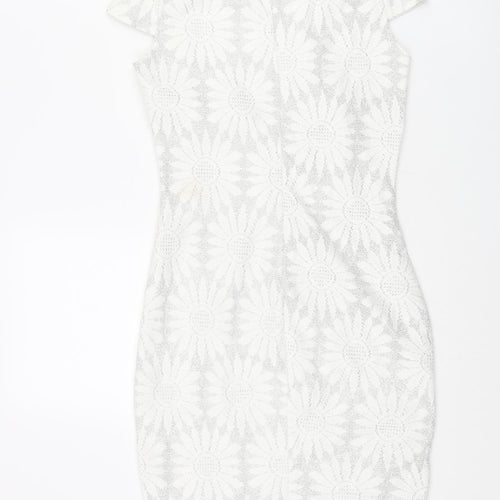 River Island Womens Silver Floral Polyester Bodycon Size 8 Round Neck Zip