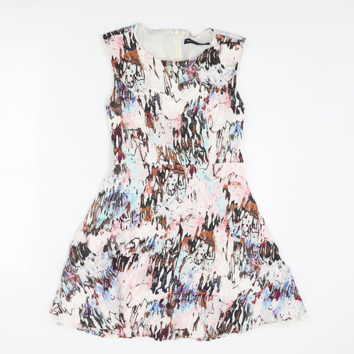 French Connection Womens Multicoloured Geometric Viscose Skater Dress Size 8 Roll Neck Zip