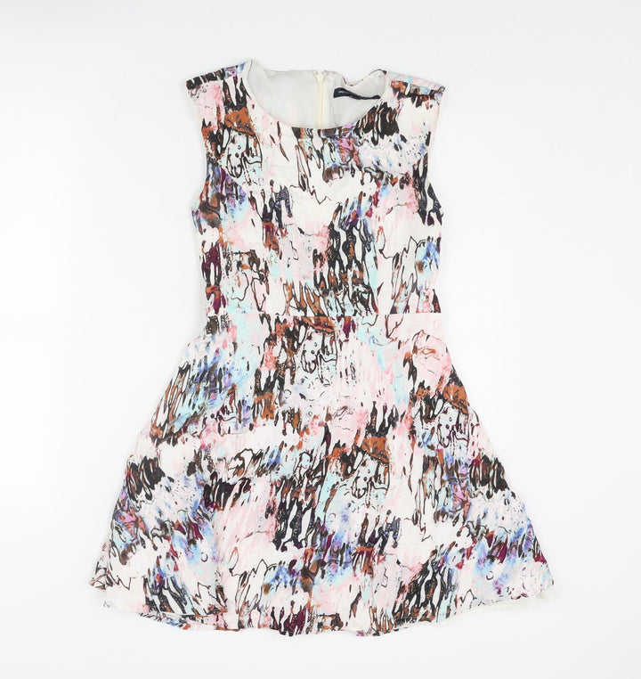 French Connection Womens Multicoloured Geometric Viscose Skater Dress Size 8 Roll Neck Zip