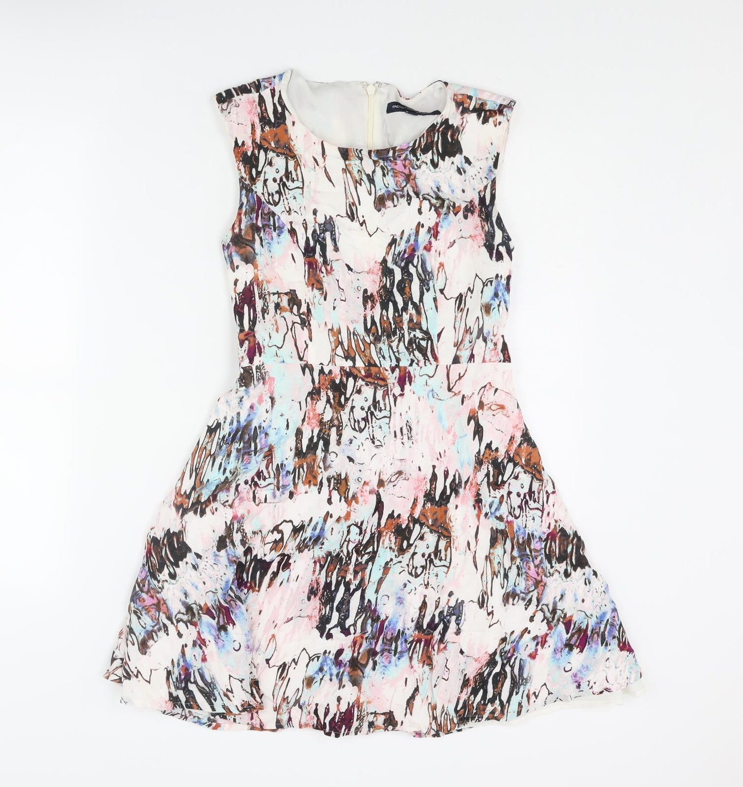 French Connection Womens Multicoloured Geometric Viscose Skater Dress Size 8 Roll Neck Zip