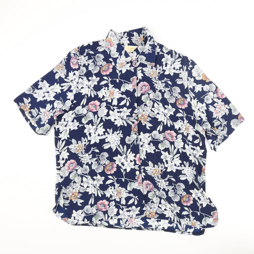 Vision Mens Blue Floral Polyester Button-Up Size L Collared Button