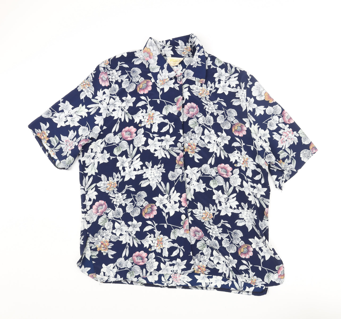 Vision Mens Blue Floral Polyester Button-Up Size L Collared Button