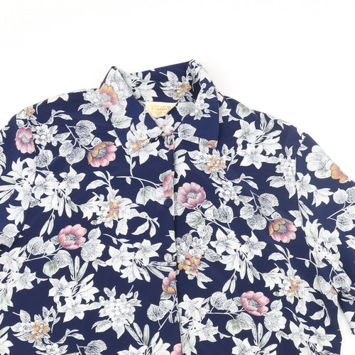 Vision Mens Blue Floral Polyester Button-Up Size L Collared Button