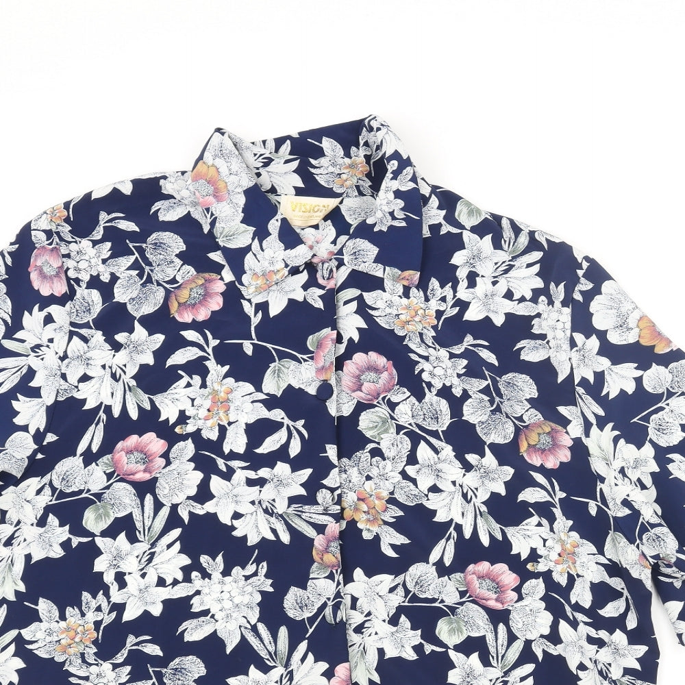 Vision Mens Blue Floral Polyester Button-Up Size L Collared Button