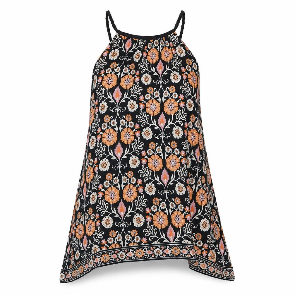 Front view of Warehouse women’s multicoloured geometric viscose a-line, size UK 12, round neck pullover - floral print