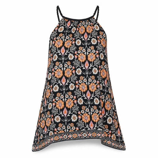 Front view of Warehouse women’s multicoloured geometric viscose a-line, size UK 12, round neck pullover - floral print