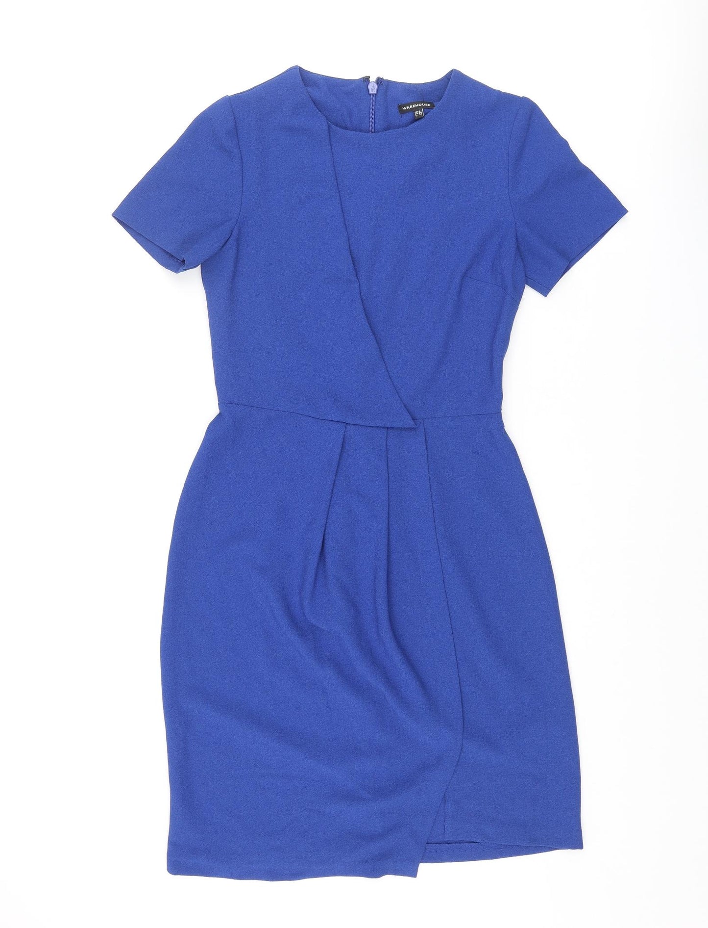 Warehouse Womens Blue Polyester Wrap Dress Size 8 Round Neck Zip - Pleated