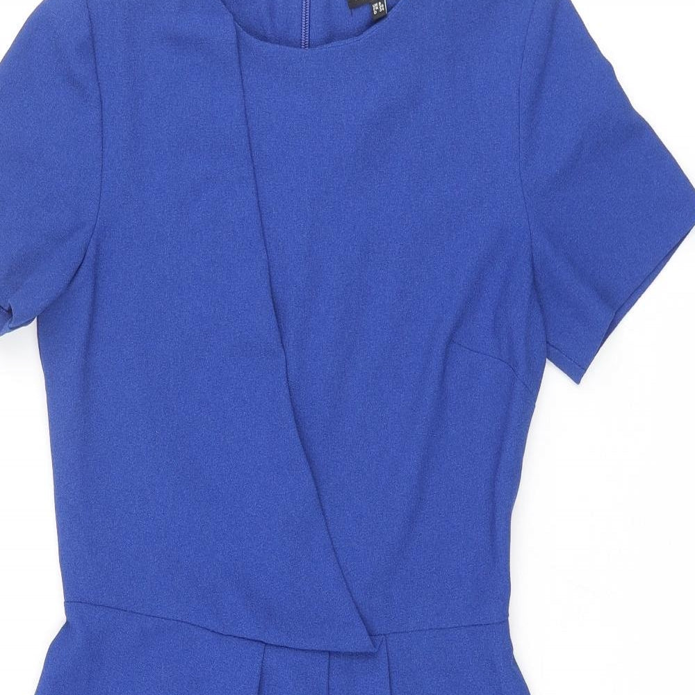 Warehouse Womens Blue Polyester Wrap Dress Size 8 Round Neck Zip - Pleated