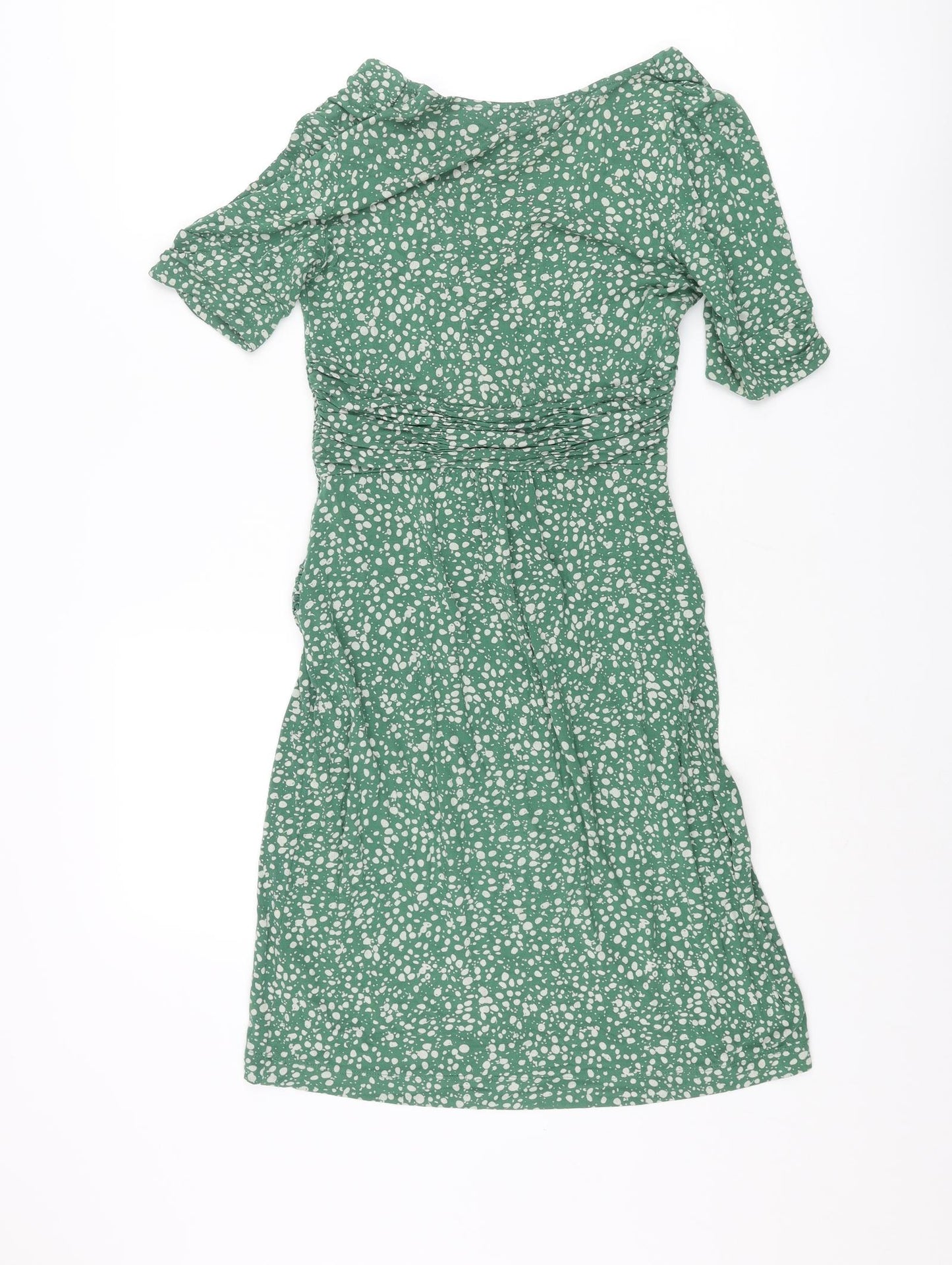 Great Plains London Womens Green Polka Dot Viscose Shift Size XS V-Neck Pullover - Rouched