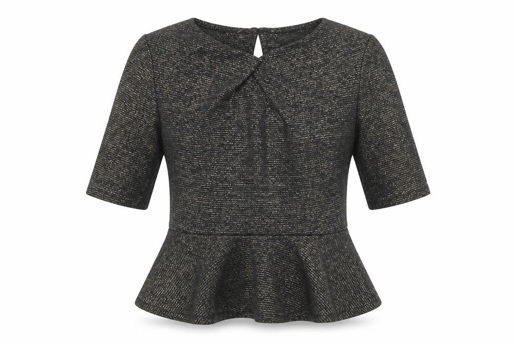 Front view of Dorothy Perkins women’s gold polyester basic blouse, size UK 14, round neck - peplum