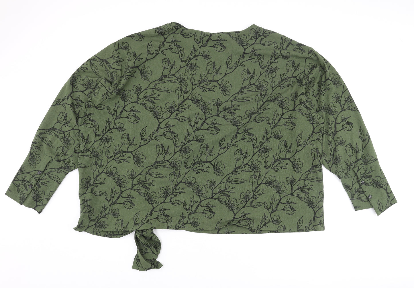 Ellos Womens Green Floral Polyester Basic Blouse Size 28 Round Neck - Knot Size 28-30