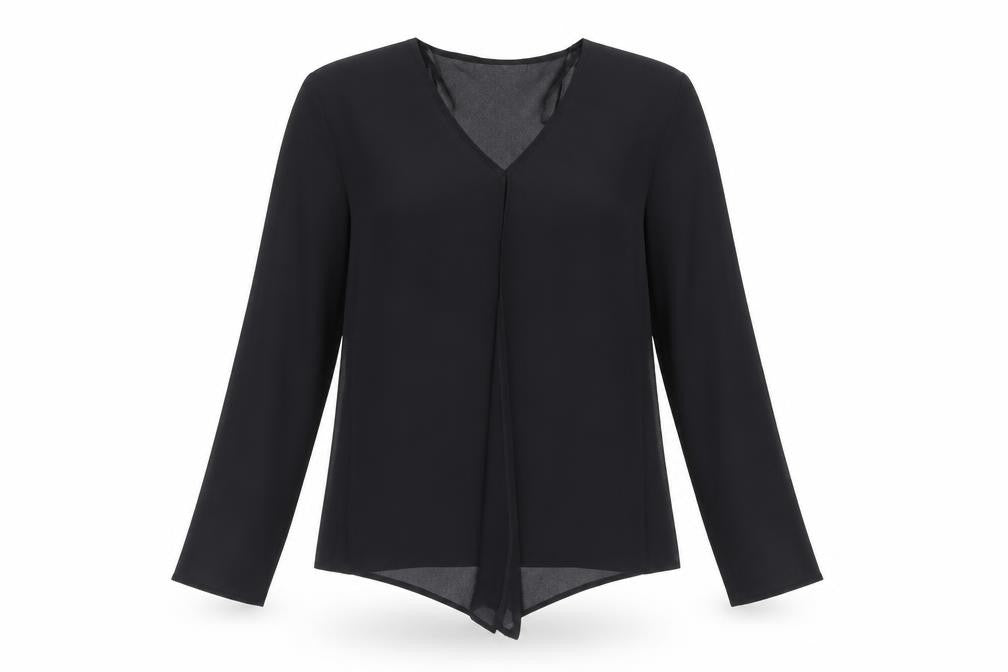 Front view of Just Elegance women’s black polyester basic blouse, size UK 12, v-neck - open front semi sheer